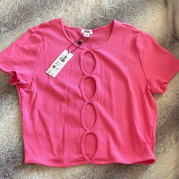 Garage Tops - Garage Hot Pink Ribbed Crop Top with Front Cutout Rings